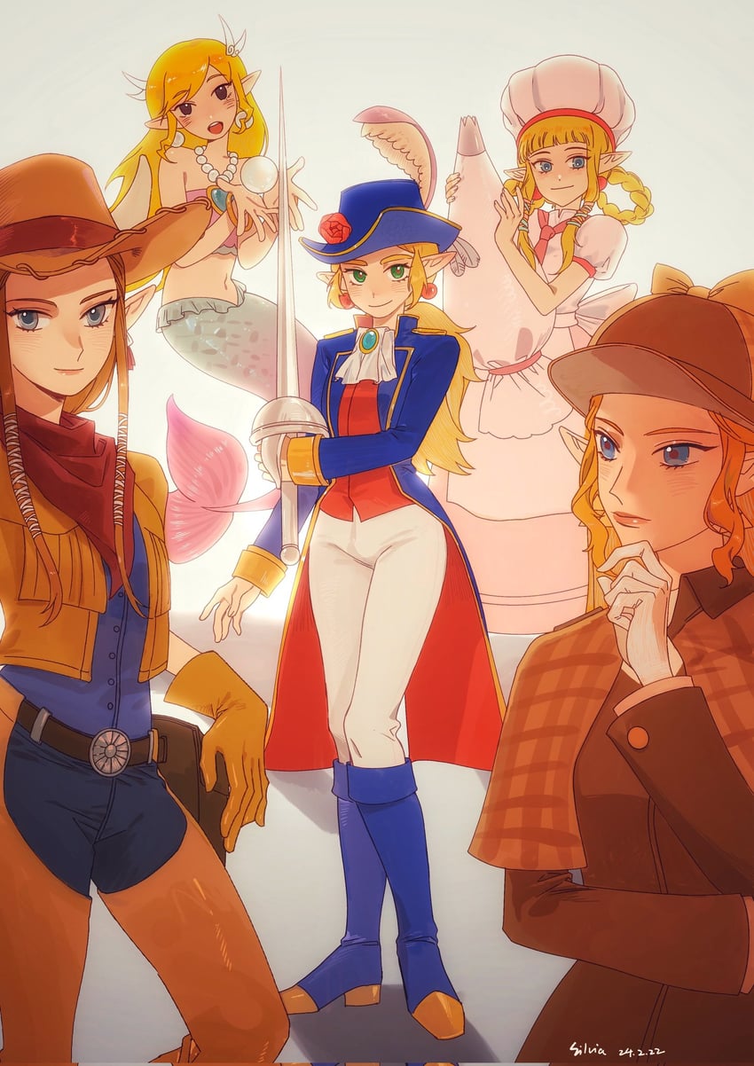 princess zelda, princess peach, toon zelda, swordfighter peach, mermaid peach, and 3 more (the legend of zelda and 7 more) drawn by yushx31