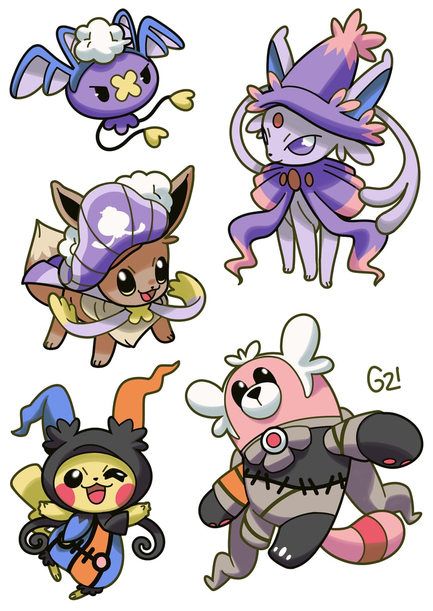 pikachu, eevee, espeon, chandelure, drifloon, and 5 more (pokemon) drawn by pinkgermy