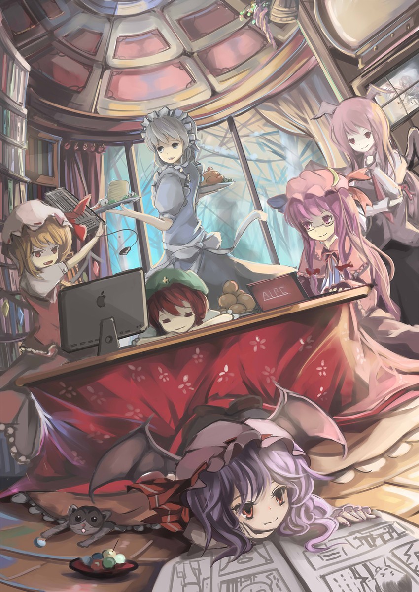 remilia scarlet, flandre scarlet, izayoi sakuya, patchouli knowledge, hong meiling, and 1 more (touhou and 1 more) drawn by qianqian
