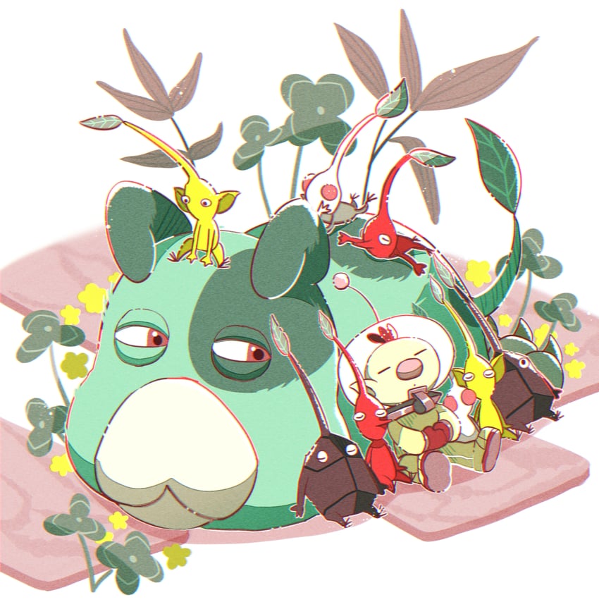 red pikmin, olimar, yellow pikmin, white pikmin, rock pikmin, and 1 more (pikmin and 1 more) drawn by fukkatsu_no_maya