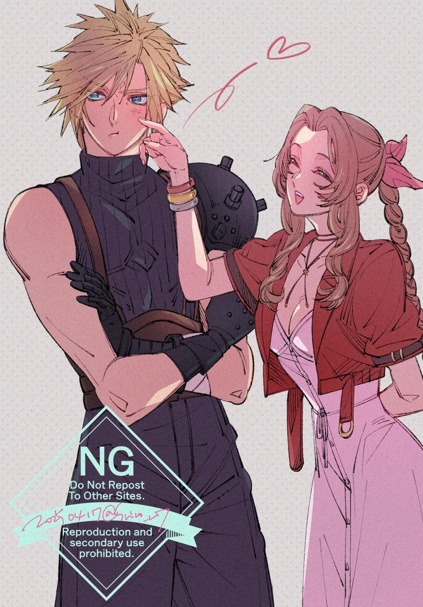 cloud strife and aerith gainsborough (final fantasy and 3 more) drawn by wakakusa-e