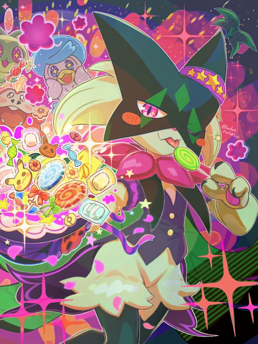 pikachu, eevee, sprigatito, meowscarada, fuecoco, and 1 more (pokemon and 1 more) drawn by runachikku
