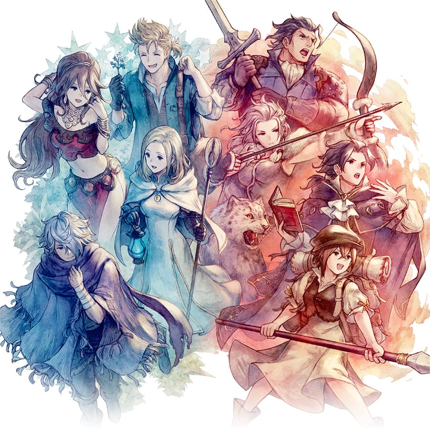 therion, tressa colzione, ophilia clement, primrose azelhart, cyrus albright, and 4 more (octopath traveler and 1 more) drawn by satou_kivi