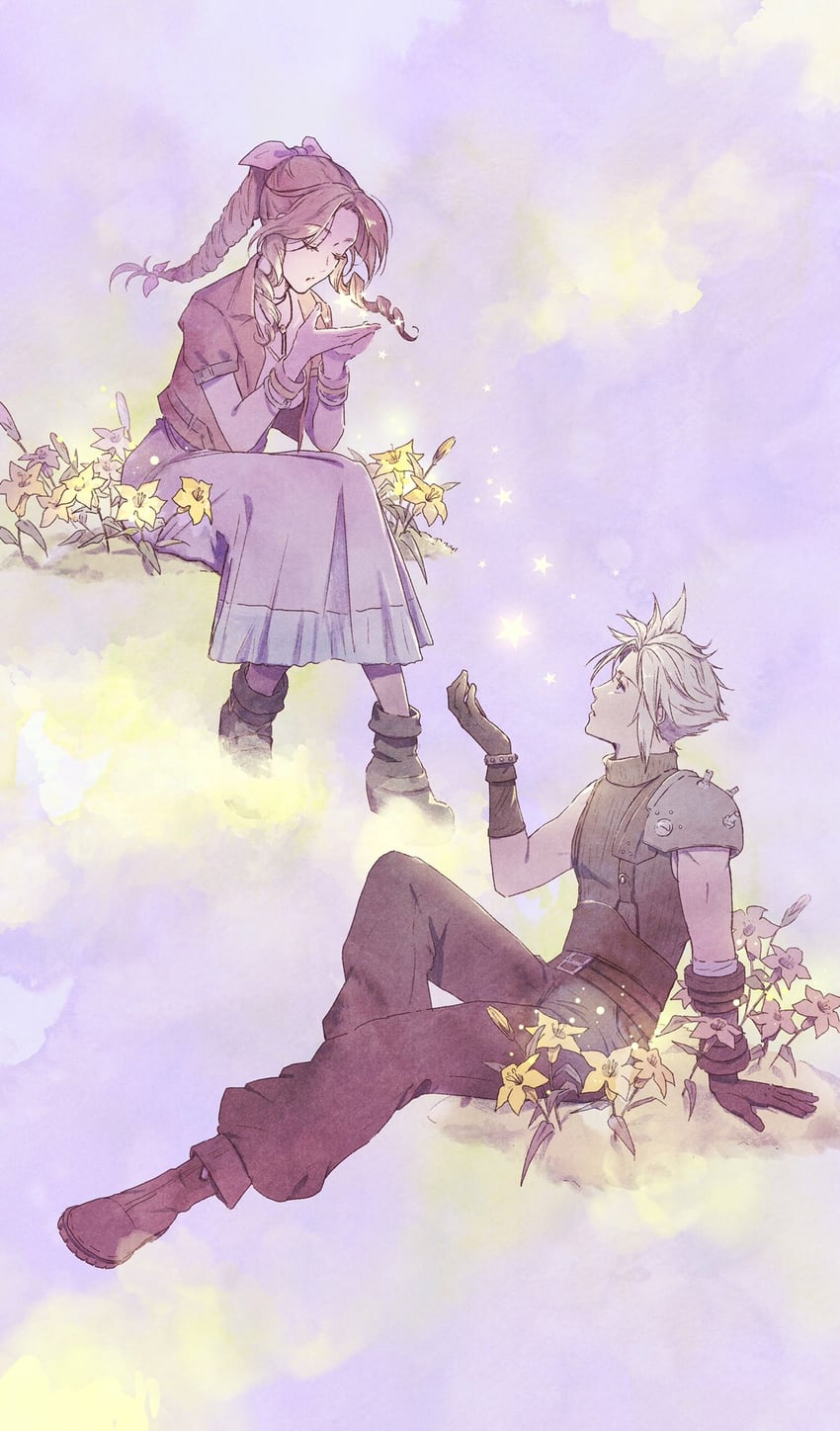 cloud strife and aerith gainsborough (final fantasy and 2 more) drawn by chika_i