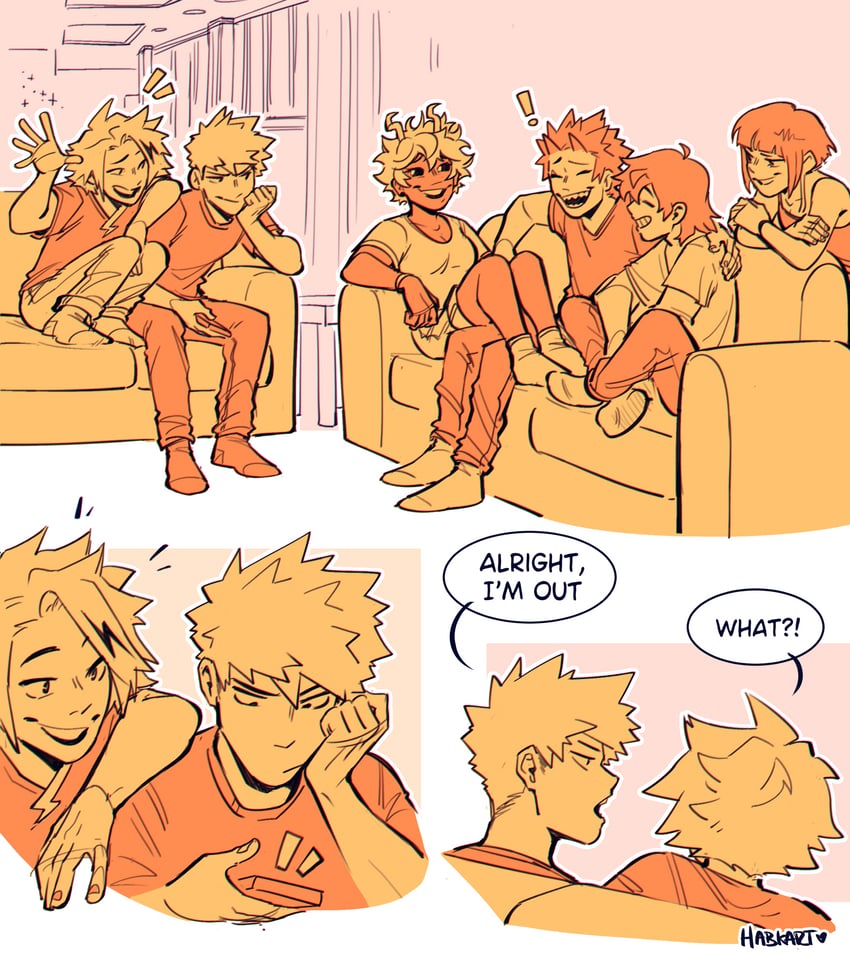 bakugou katsuki, ashido mina, jiro kyoka, kirishima eijiro, kaminari denki, and 1 more (boku no hero academia) drawn by habkart