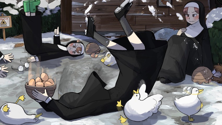 clumsy nun, froggy nun, glasses nun, and hungry nun (little nuns) drawn by diva_(hyxpk)