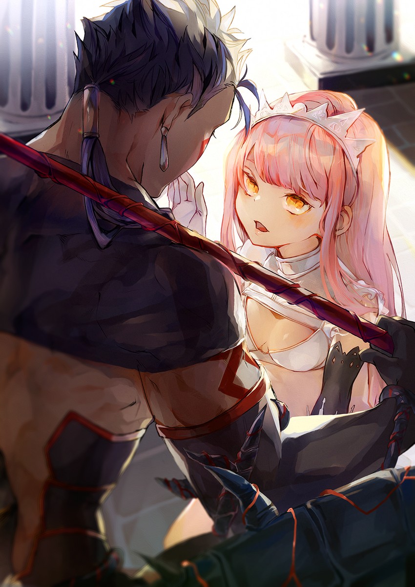 cu chulainn, medb, and cu chulainn alter (fate and 1 more) drawn by motoaki