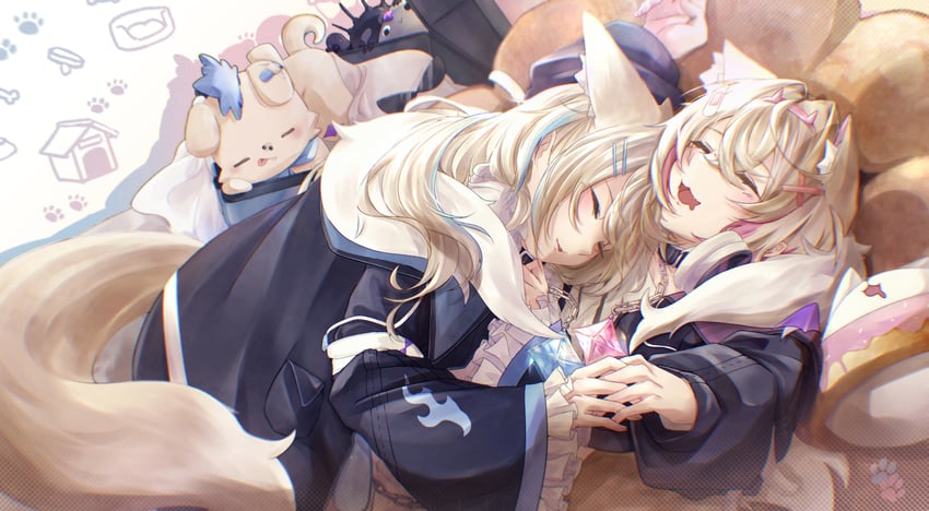 fuwawa abyssgard, mococo abyssgard, yorick, pebble, shadow, and 1 more (hololive and 1 more) drawn by hitsuki_(grace89121522)