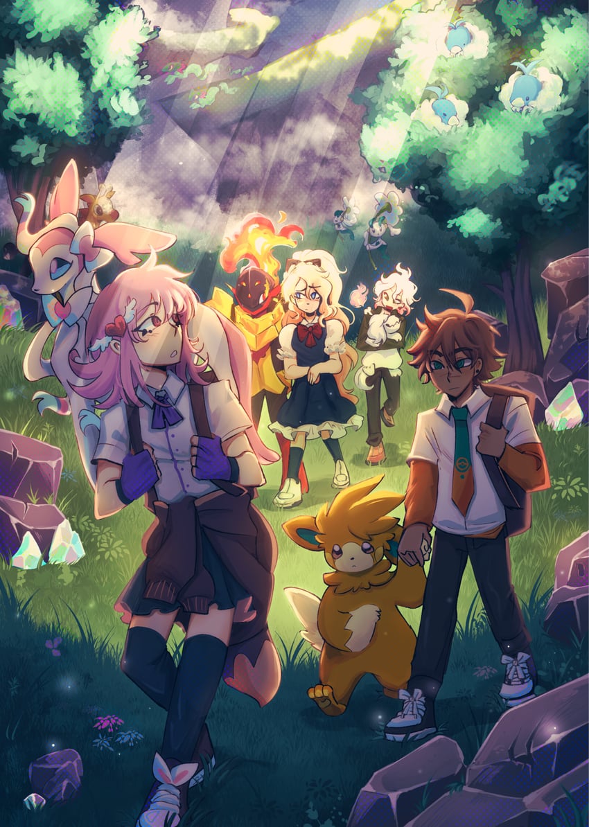 nanami chiaki, komaeda nagito, hinata hajime, sylveon, sonia nevermind, and 7 more (pokemon and 3 more) drawn by vhsghostricks