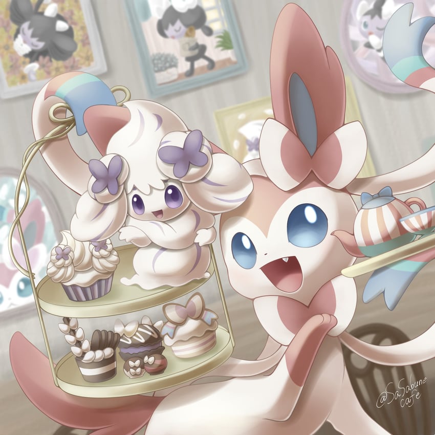 sylveon, alcremie, gothorita, and gothita (pokemon) drawn by sasabunecafe