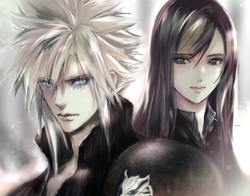 tifa lockhart, cloud strife, and fenrir (final fantasy and 2 more) drawn by shoji_sakura