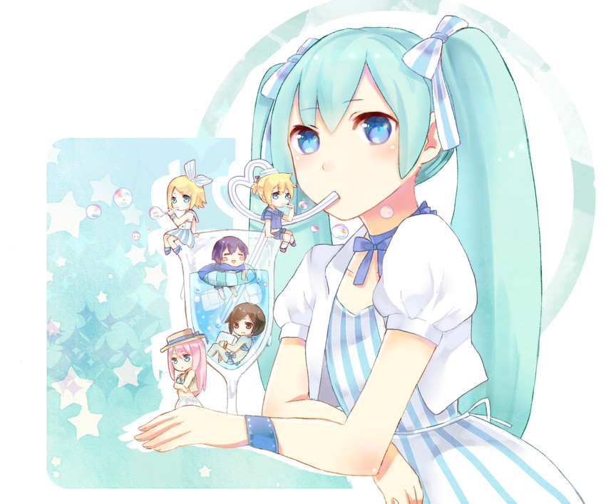 hatsune miku, kagamine rin, kagamine len, megurine luka, kaito, and 1 more (vocaloid) drawn by nekoyashiki_pushio