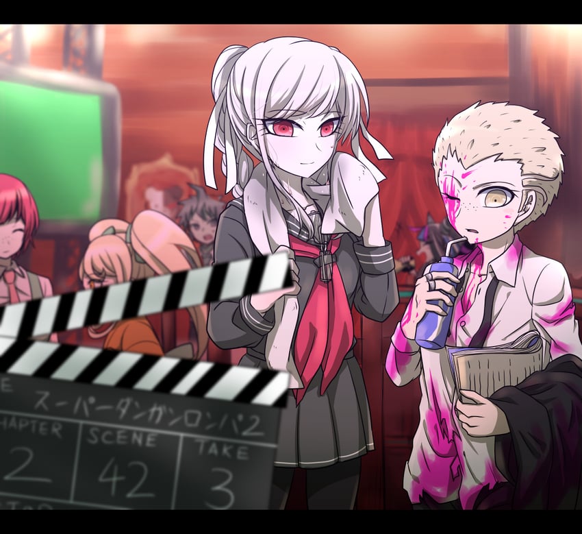 hinata hajime, mioda ibuki, saionji hiyoko, koizumi mahiru, pekoyama peko, and 1 more (danganronpa and 1 more) drawn by zi_huahuo