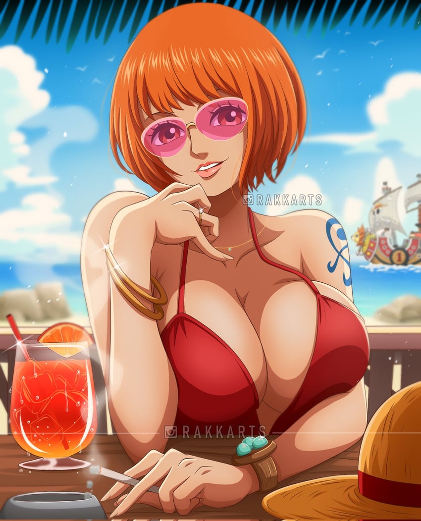 nami and thousand sunny (one piece) drawn by rakara11_(rakkarts)