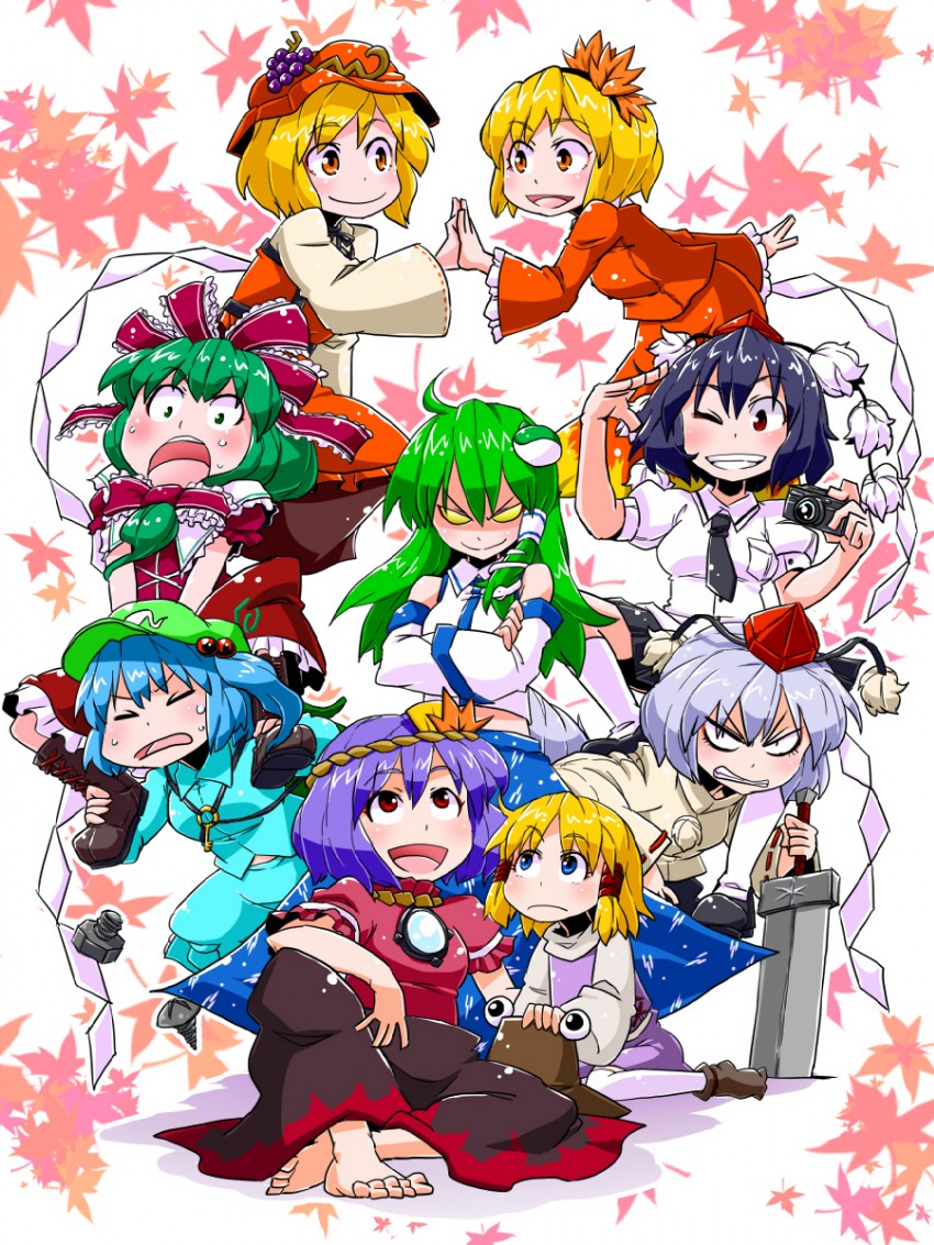 kochiya sanae, shameimaru aya, inubashiri momiji, moriya suwako, kawashiro nitori, and 4 more (touhou and 1 more) drawn by aono3