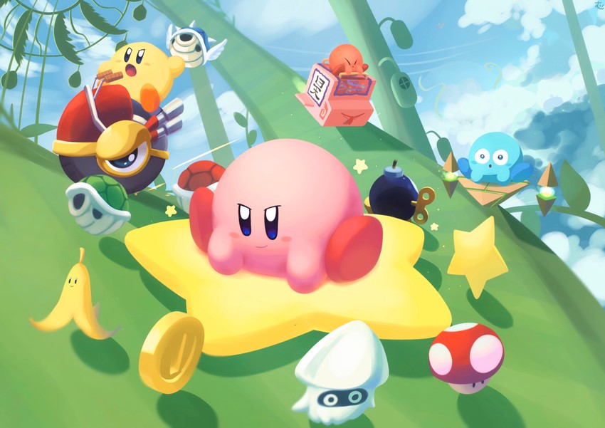 kirby, bob-omb, blooper, and wheelie (mario and 3 more) drawn by suyasuyabi