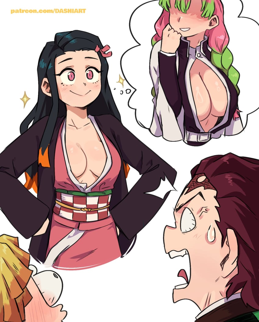 kamado nezuko, kanroji mitsuri, kamado tanjirou, and agatsuma zenitsu (kimetsu no yaiba) drawn by dashi_(dashiart)