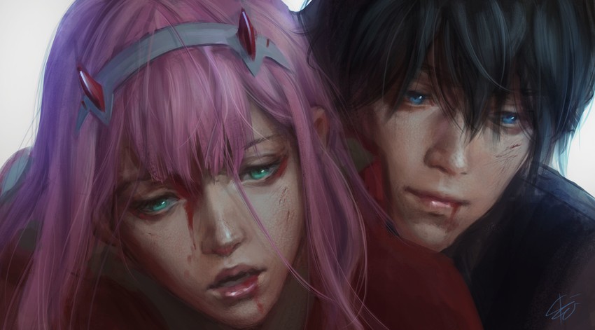 zero two and hiro (darling in the franxx) drawn by ksenia_shepel