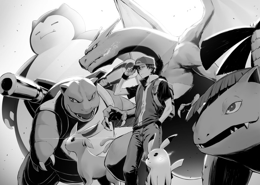 pikachu, red, charizard, espeon, snorlax, and 2 more (pokemon and 1 more) drawn by mugetsu2501
