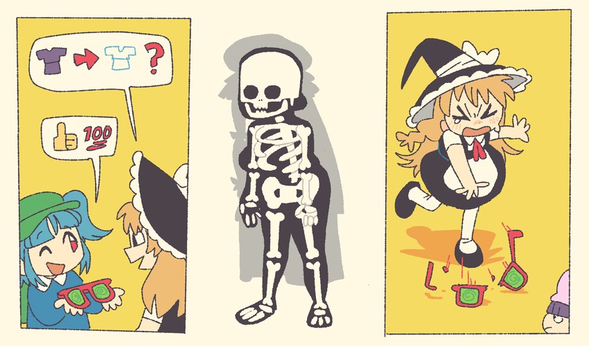 kirisame marisa, patchouli knowledge, and kawashiro nitori (touhou) drawn by farfinfarfin