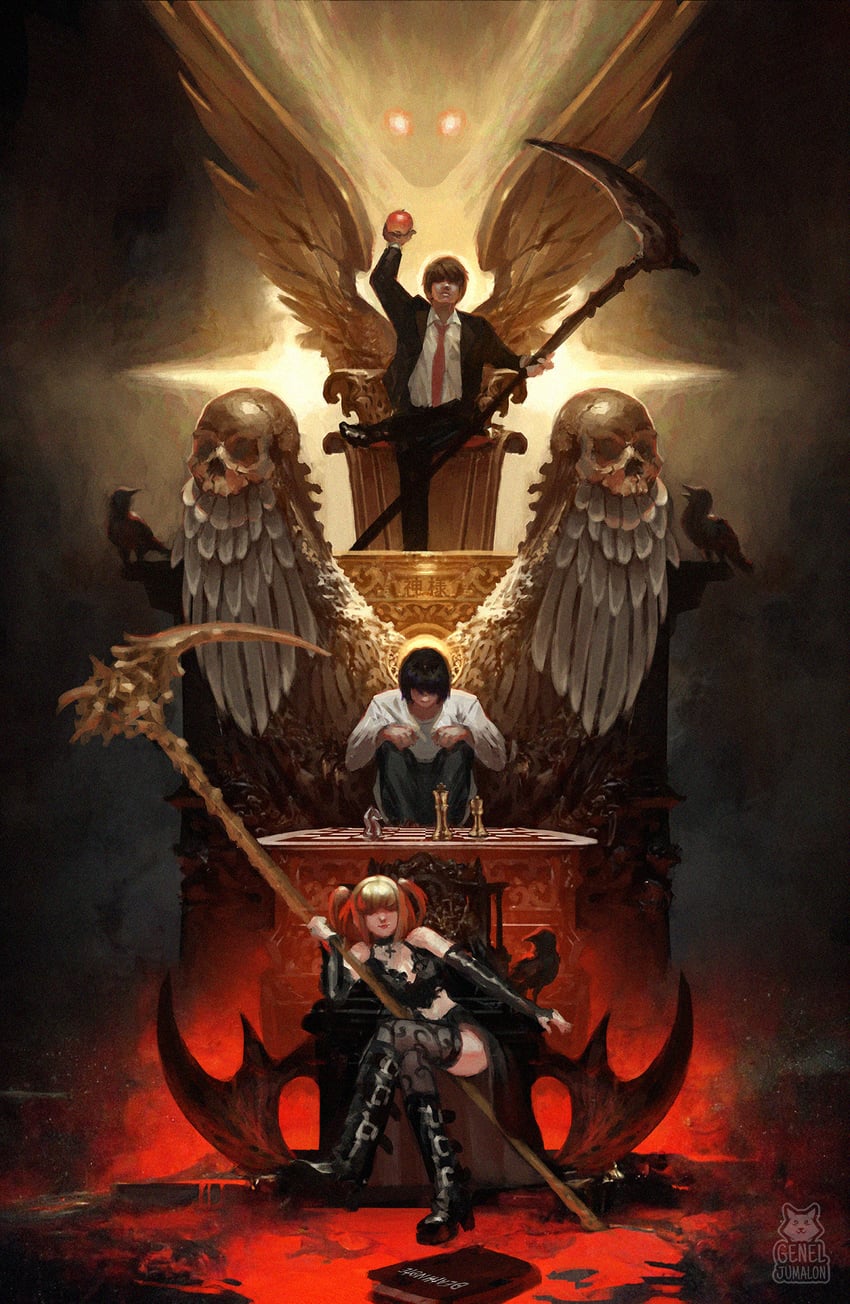 yagami light, l, and amane misa (death note) drawn by genel_jumalon