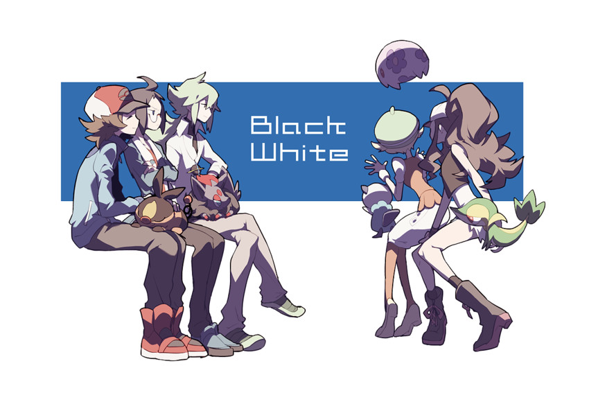 hilda, hilbert, n, oshawott, snivy, and 5 more (pokemon and 1 more) drawn by domu_(hamadura)