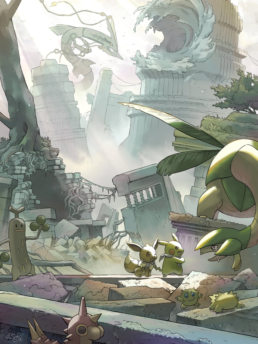 pikachu, eevee, rayquaza, joltik, sudowoodo, and 3 more (pokemon and 1 more) drawn by yamaori_(hakkentai_pokedan)