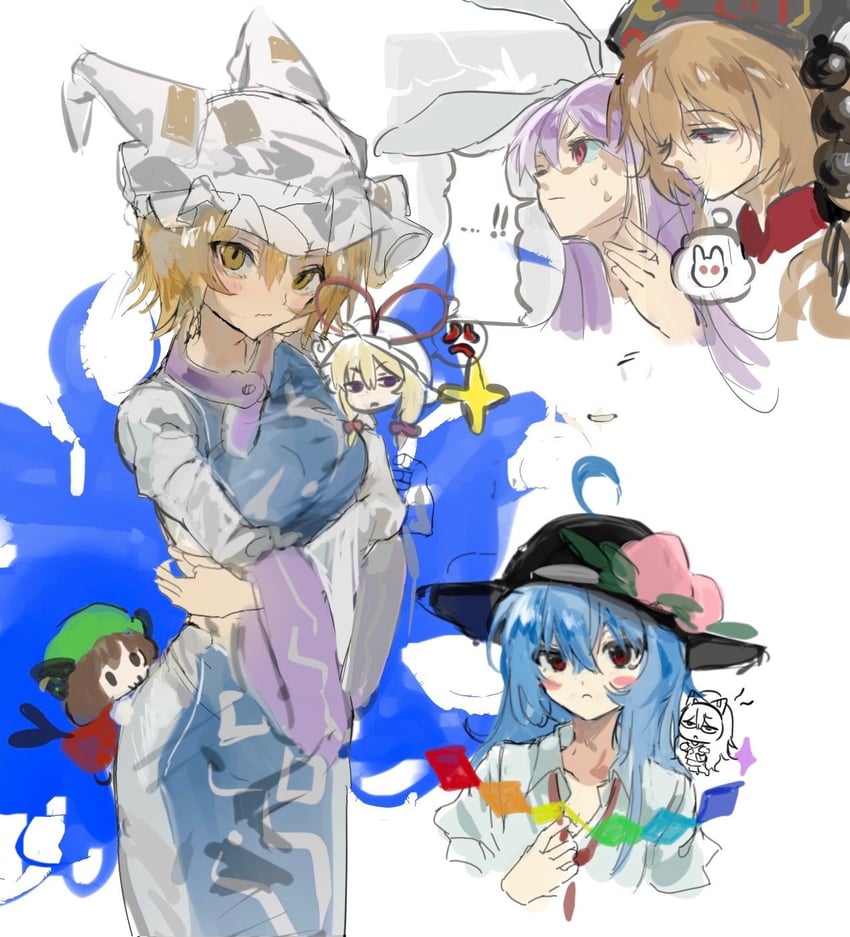 yakumo yukari, yakumo ran, chen, hinanawi tenshi, junko, and 2 more (touhou) drawn by sesmkun
