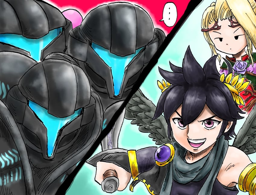 kirby, samus aran, dark pit, viridi, and dark samus (kirby and 5 more) drawn by kicdon
