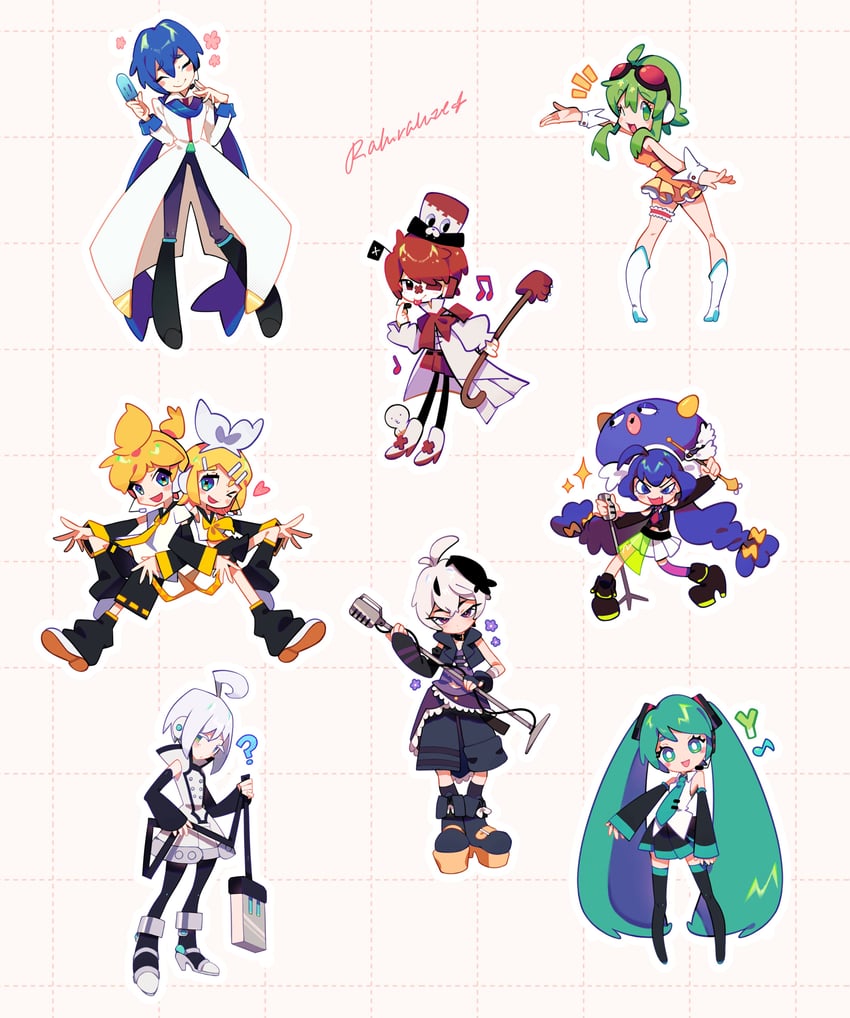 hatsune miku, kagamine rin, kagamine len, kaito, gumi, and 4 more (vocaloid) drawn by raluraluze