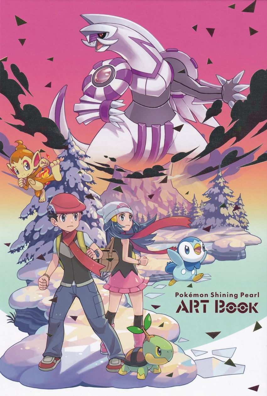 dawn, piplup, lucas, turtwig, chimchar, and 1 more (pokemon and 1 more) drawn by fujiwara_eriko