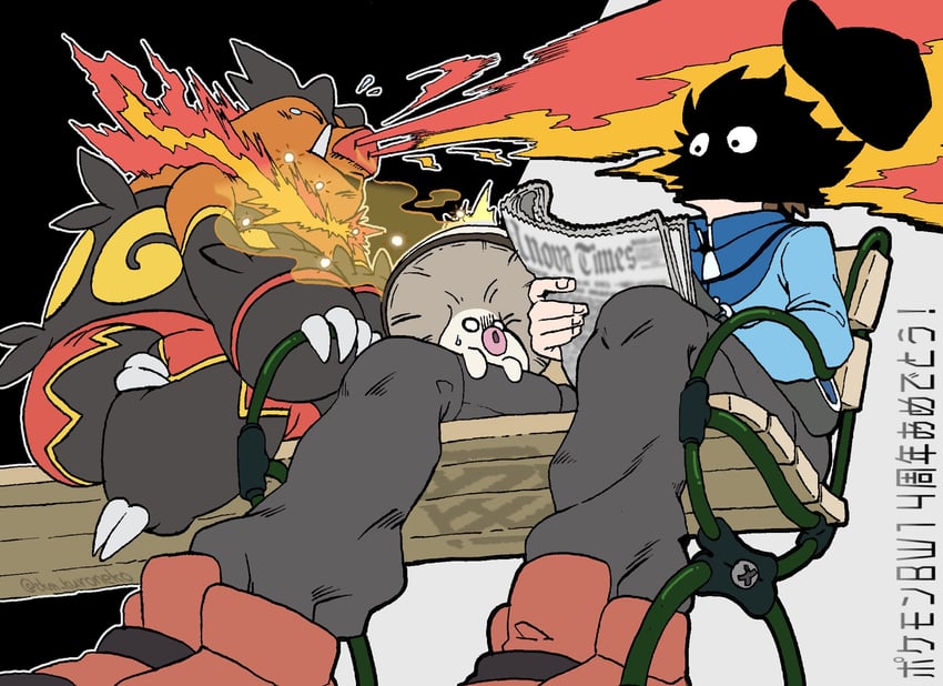 hilbert, emboar, and amoonguss (pokemon and 1 more) drawn by tkm_kuroneko
