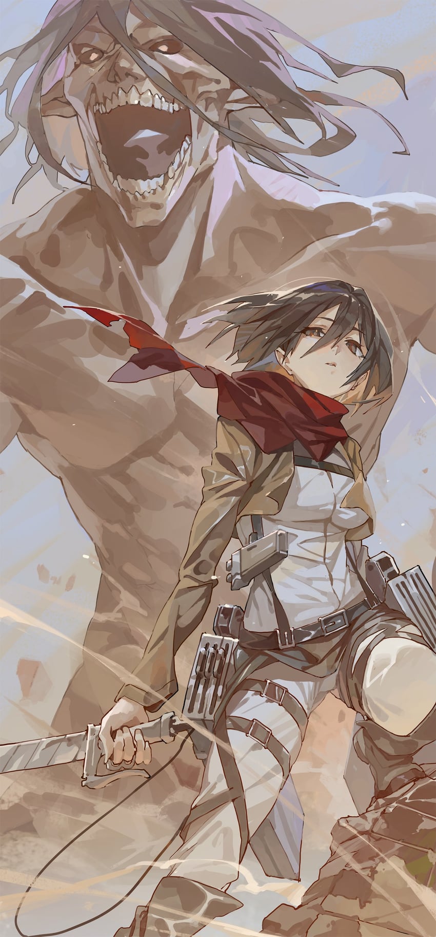 mikasa ackerman, titan, and rogue titan (shingeki no kyojin) drawn by hxxg