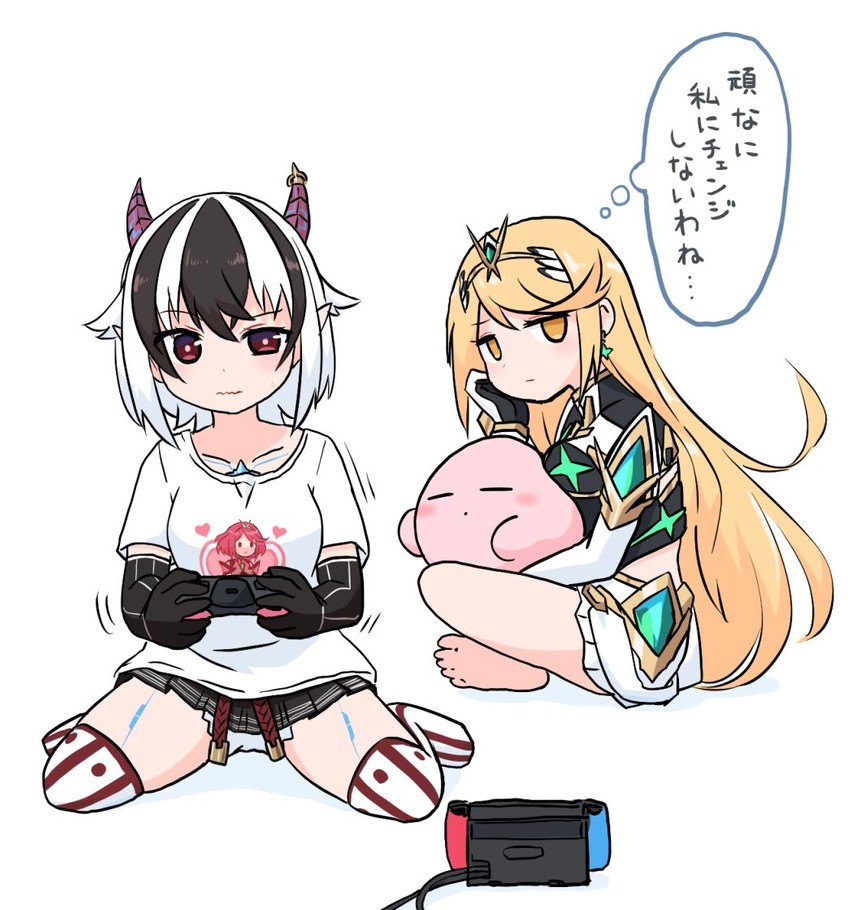 pyra, kirby, mythra, and crossette (xenoblade chronicles and 3 more) drawn by paskmel