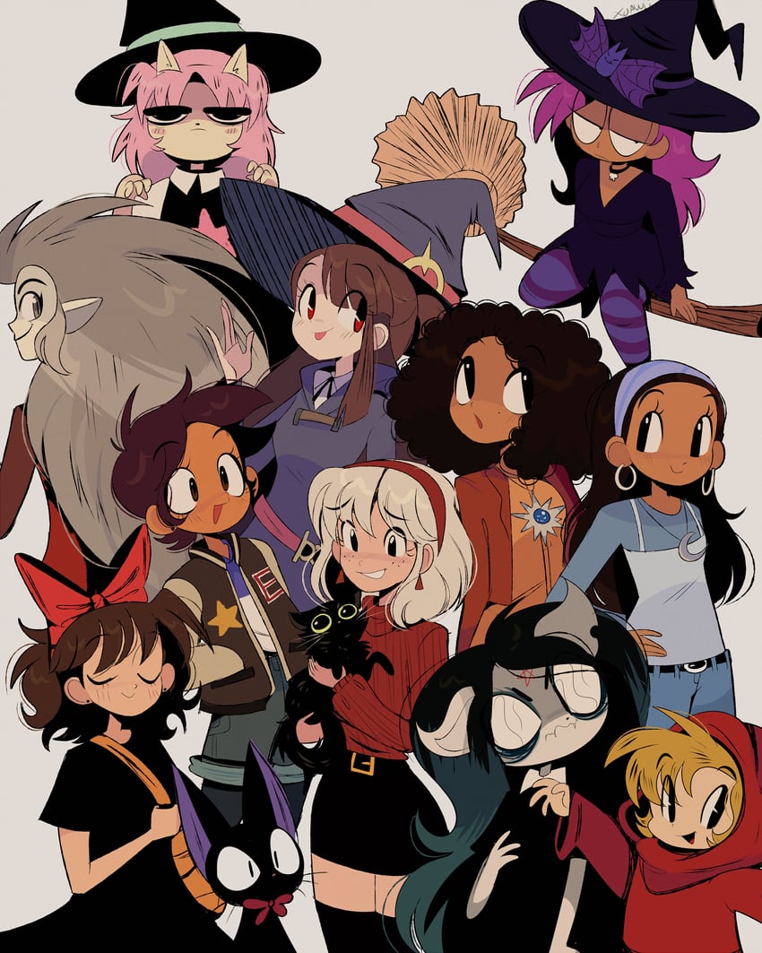 kagari atsuko, kiki, jiji, luz noceda, edalyn clawthorne, and 8 more (little witch academia and 8 more) drawn by revauri