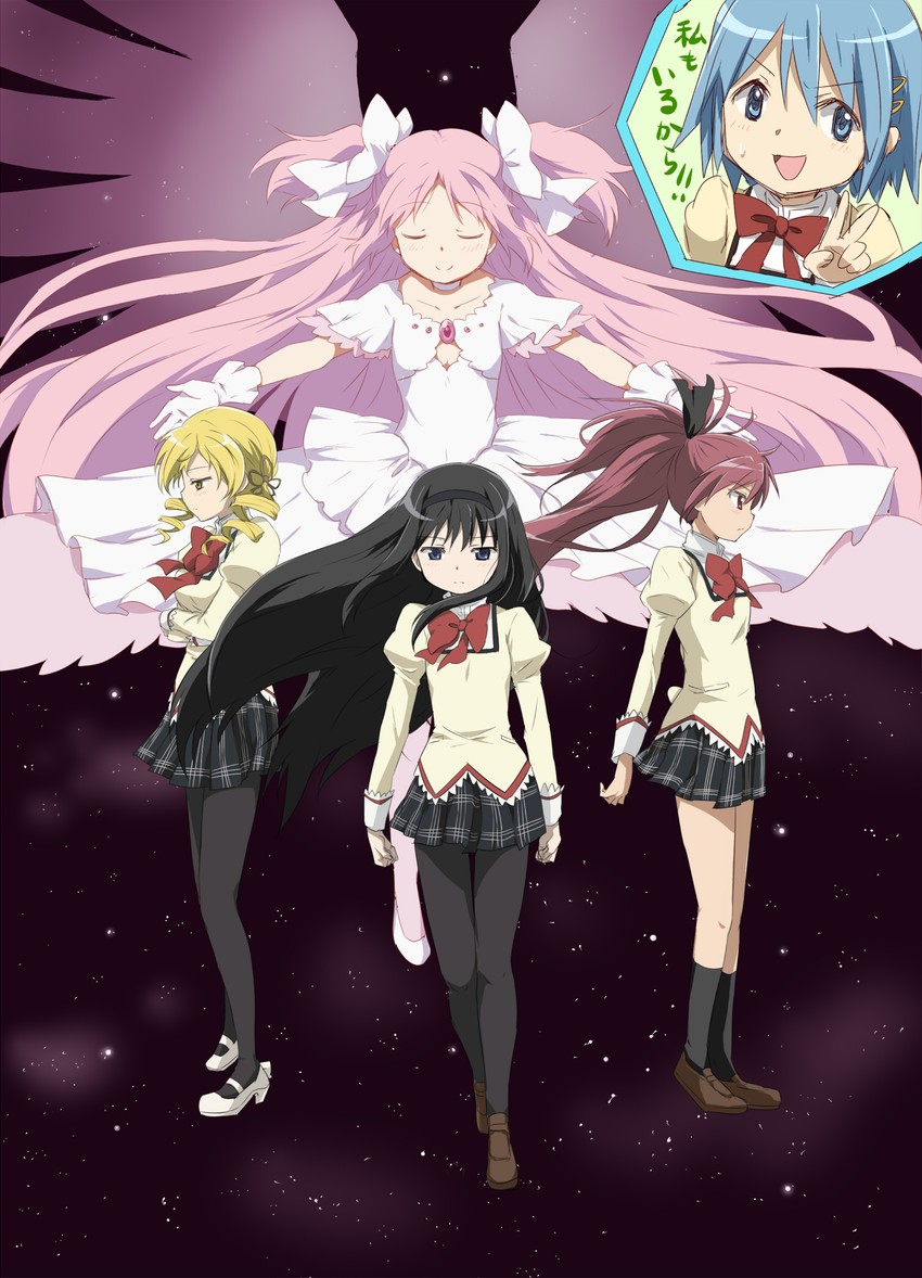 akemi homura, kaname madoka, miki sayaka, sakura kyoko, tomoe mami, and 1 more (mahou shoujo madoka magica) drawn by maruki_(punchiki)