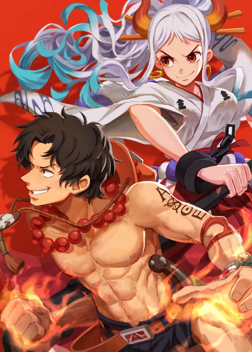 yamato and portgas d. ace (one piece) drawn by oekakiboya