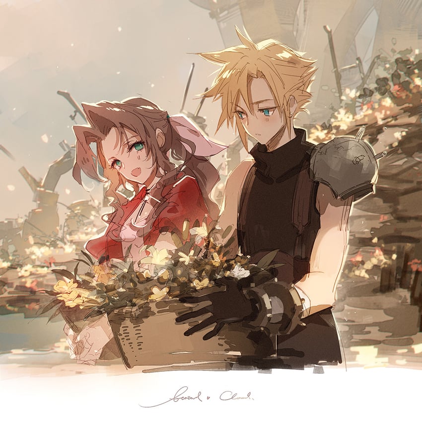 cloud strife and aerith gainsborough (final fantasy and 2 more) drawn by kieta
