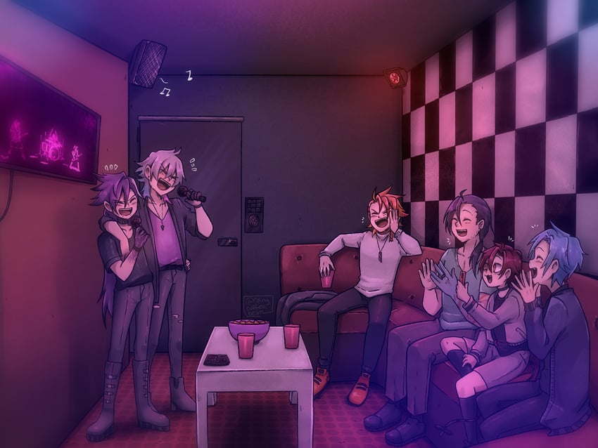 gavis bettel, machina x flayon, regis altare, axel syrios, banzoin hakka, and 1 more (holostars and 1 more) drawn by rainycoffeebean
