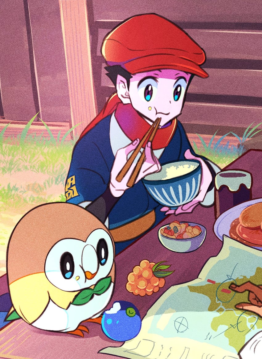 rowlet and rei (pokemon and 1 more) drawn by kaichi210