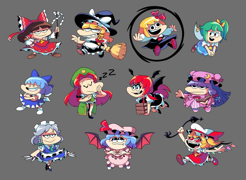 hakurei reimu, kirisame marisa, remilia scarlet, flandre scarlet, izayoi sakuya, and 6 more (touhou and 1 more) drawn by sr_pelo