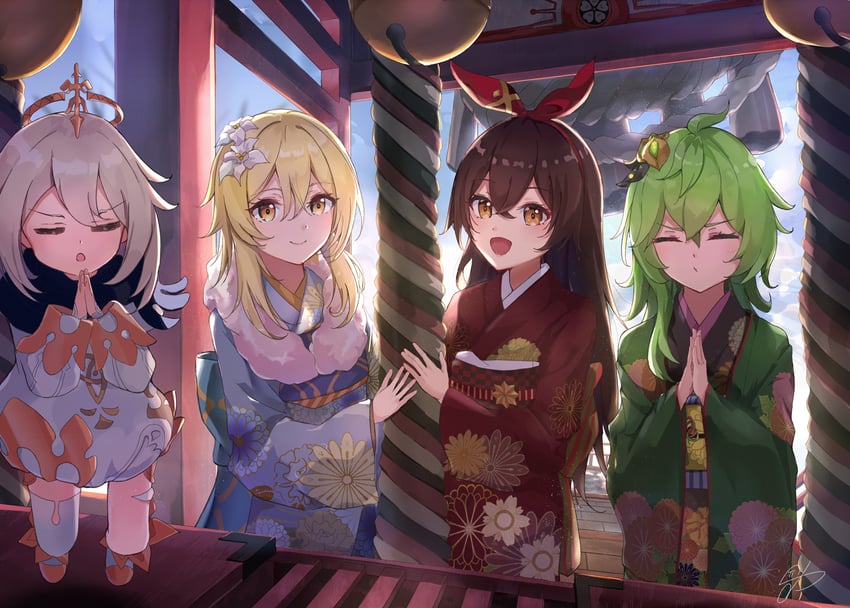 lumine, paimon, collei, and amber (genshin impact) drawn by 310setsu