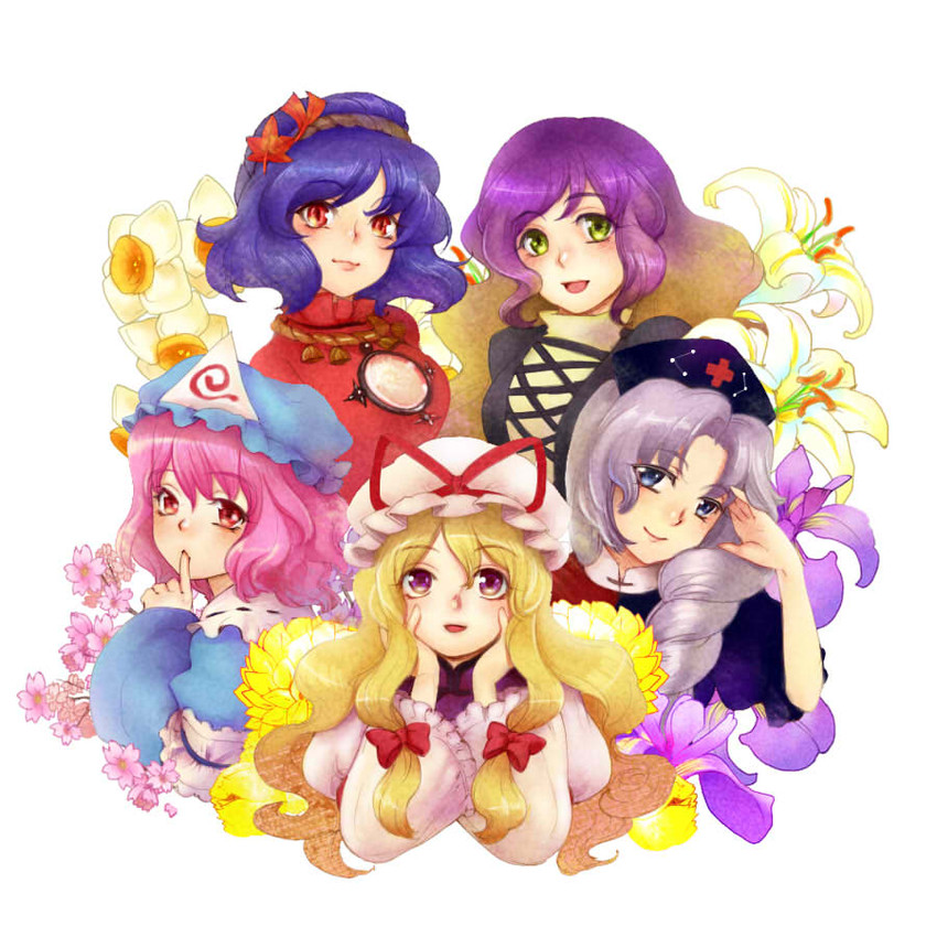 yakumo yukari, saigyouji yuyuko, hijiri byakuren, yasaka kanako, and yagokoro eirin (touhou) drawn by nanomac