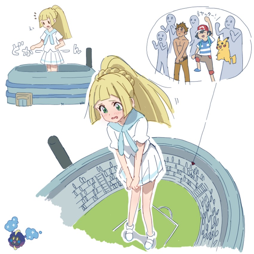 pikachu, lillie, ash ketchum, cosmog, and brock (pokemon and 2 more) drawn by surume_(hir0ndelle)