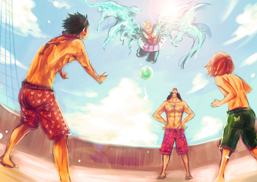 portgas d. ace, marco, haruta, and flower sword vista (one piece) drawn by tsuyomaru