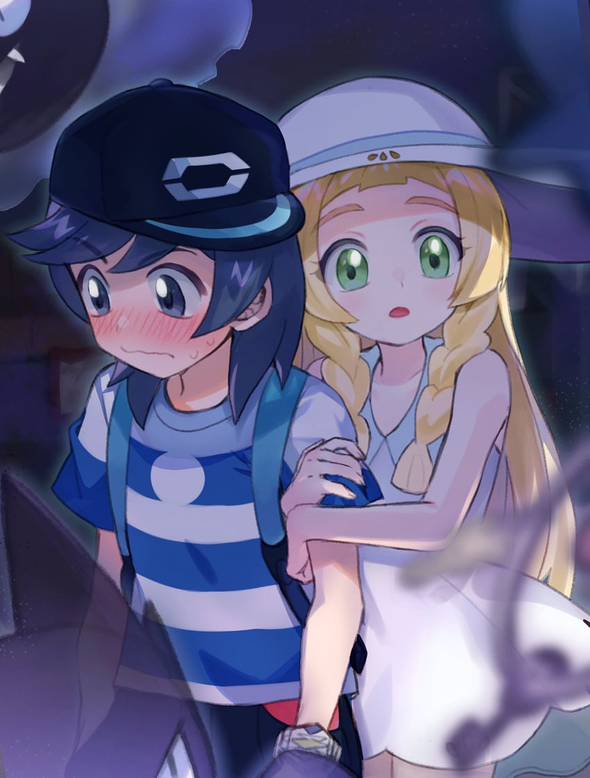 lillie, elio, gastly, haunter, and klefki (pokemon and 1 more) drawn by abe_(kumayu)