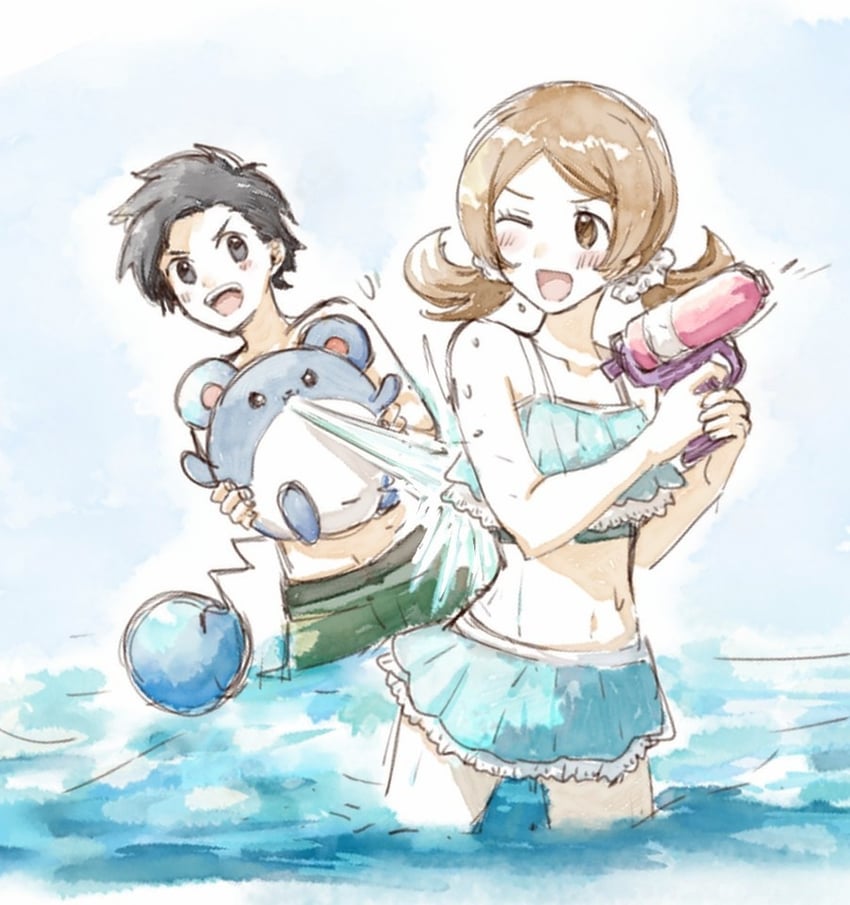 ethan, lyra, and marill (pokemon and 1 more) drawn by asuka_rkgk