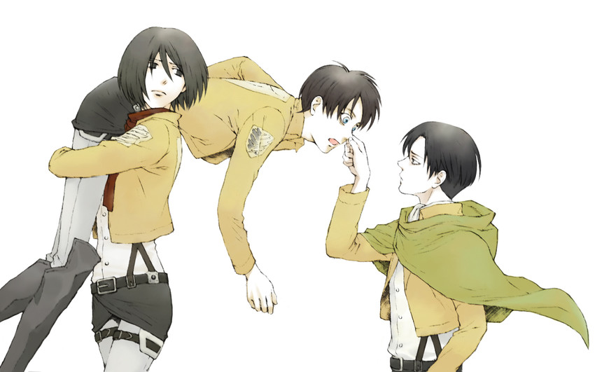 mikasa ackerman, eren yeager, and levi (shingeki no kyojin) drawn by dao_(rakugan13)