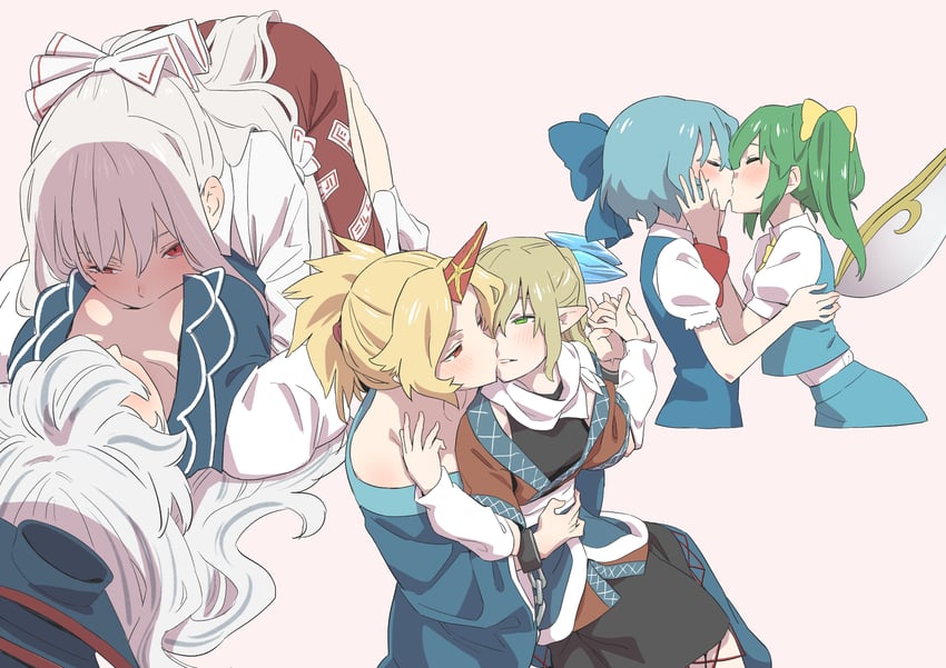 cirno, fujiwara no mokou, kamishirasawa keine, mizuhashi parsee, daiyousei, and 1 more (touhou) drawn by kawayabug