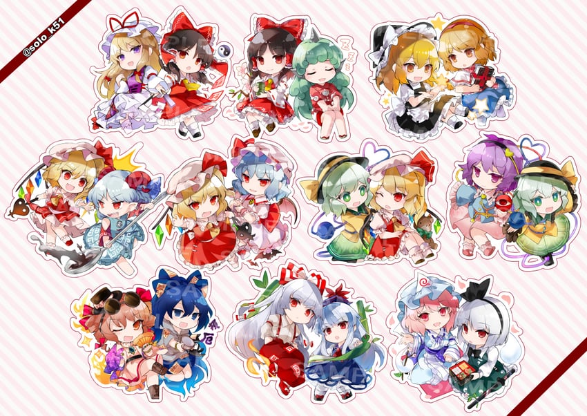 hakurei reimu, kirisame marisa, remilia scarlet, flandre scarlet, komeiji koishi, and 11 more (touhou) drawn by kutsuki_kai